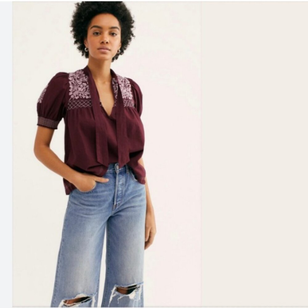 Free People Women's Size Small Dreaming About You Tunic Blouse Purple Tie Neck